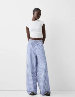 Bershka Deep Waistband Wide Leg Trousers In Blue Stripe For Women -Chic Maze Sales 206719935 1 blue 1