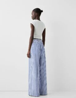 Bershka Deep Waistband Wide Leg Trousers In Blue Stripe For Women -Chic Maze Sales 206719935 2