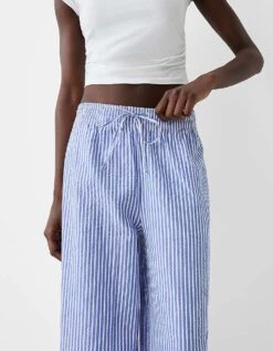 Bershka Deep Waistband Wide Leg Trousers In Blue Stripe For Women -Chic Maze Sales 206719935 3