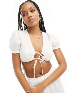 Bershka Puff Sleeve Tie Front Cotton Top In White For Women -Chic Maze Sales 206719951 1 white 1