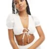 Bershka Puff Sleeve Tie Front Cotton Top In White For Women -Chic Maze Sales 206719951 1 white