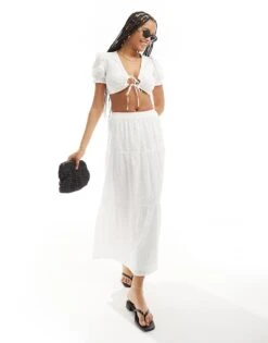 Bershka Puff Sleeve Tie Front Cotton Top In White For Women -Chic Maze Sales 206719951 2