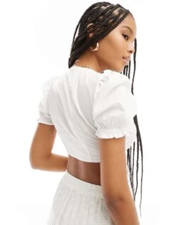 Bershka Puff Sleeve Tie Front Cotton Top In White For Women -Chic Maze Sales 206719951 4