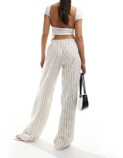 Bershka Tie Waist Wide Leg Linen Trousers In Ecru Stripe For Women Multi -Chic Maze Sales 206720025 2
