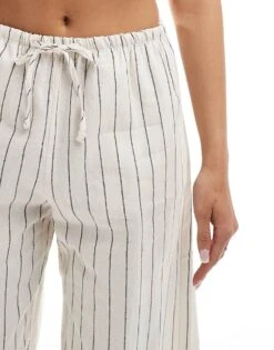 Bershka Tie Waist Wide Leg Linen Trousers In Ecru Stripe For Women Multi -Chic Maze Sales 206720025 4