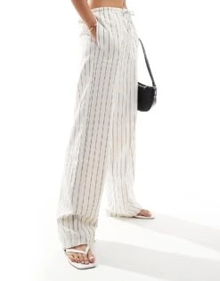 Bershka Tie Waist Wide Leg Linen Trousers In Ecru Stripe For Women Multi -Chic Maze Sales 206720025 5