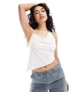 Bershka Floral Jacquard Halterneck Top In Ecru For Women -Chic Maze Sales 206720032 1 ecru 1