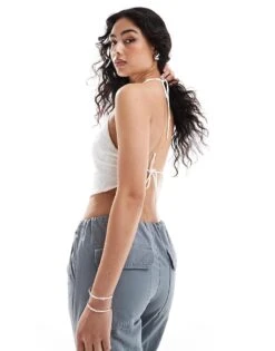 Bershka Floral Jacquard Halterneck Top In Ecru For Women -Chic Maze Sales 206720032 2