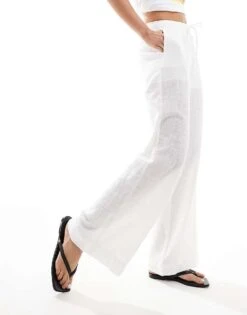 Bershka Linen Look Rustic Beach Trousers In White For Women -Chic Maze Sales 206720070 2