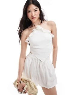 Bershka Floral Applique Tie Back Top In Ecru For Women -Chic Maze Sales 206720104 1 ecru 1