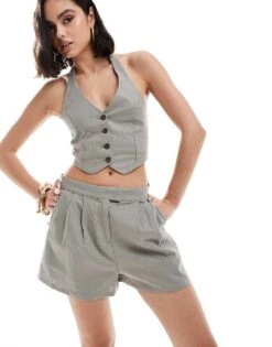 Bershka One Shoulder Linen Co-ord In Grey -Chic Maze Sales 206721514 1 grey