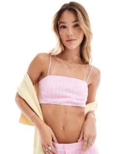 Bershka Cropped Bralette Co-ord In Pink Pinstripe For Women -Chic Maze Sales 206781820 1 pink 1