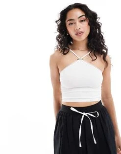 Bershka Halterneck Lace Trim Top In Ecru For Women -Chic Maze Sales 206787489 1 ecru 1