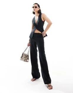 Bershka Low Rise Linen Wide Leg Tailored Trousers Co-ord In Black For Women -Chic Maze Sales 206827669 2
