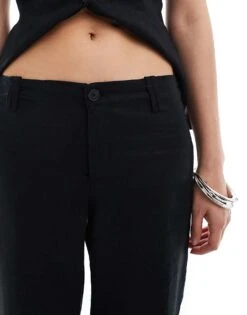 Bershka Low Rise Linen Wide Leg Tailored Trousers Co-ord In Black For Women -Chic Maze Sales 206827669 3