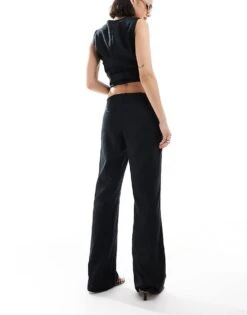 Bershka Low Rise Linen Wide Leg Tailored Trousers Co-ord In Black For Women -Chic Maze Sales 206827669 4