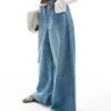 Bershka Denim Look Pull On Wide Leg Trousers In Mid Wash Blue For Women -Chic Maze Sales 206841546 1 blue