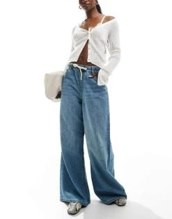 Bershka Denim Look Pull On Wide Leg Trousers In Mid Wash Blue For Women -Chic Maze Sales 206841546 2