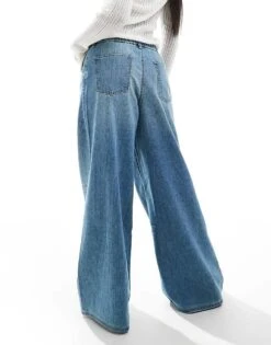 Bershka Denim Look Pull On Wide Leg Trousers In Mid Wash Blue For Women -Chic Maze Sales 206841546 4