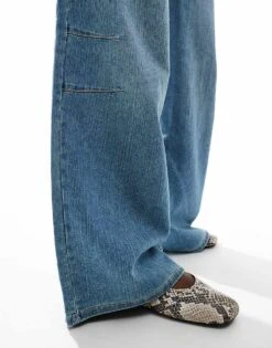 Bershka Denim Look Pull On Wide Leg Trousers In Mid Wash Blue For Women -Chic Maze Sales 206841546 5