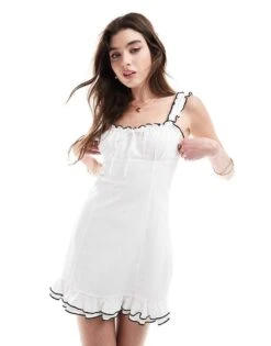 Bershka Milkmaid Contrast Trim Mini Dress In White & Black For Women -Chic Maze Sales 206841576 1 white 1