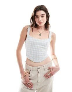 Bershka Milkmaid Top In Blue & White Check For Women -Chic Maze Sales 206841584 1 blue 1