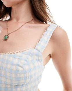 Bershka Milkmaid Top In Blue & White Check For Women -Chic Maze Sales 206841584 2