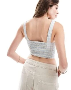 Bershka Milkmaid Top In Blue & White Check For Women -Chic Maze Sales 206841584 3