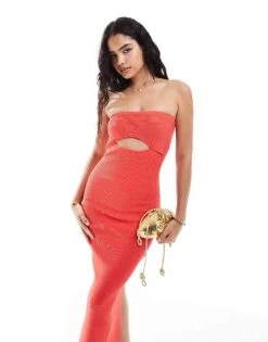 Bershka Rib Knit Cut Out Front Maxi Dress In Red For Women -Chic Maze Sales 206841618 1 red 1
