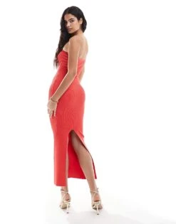 Bershka Rib Knit Cut Out Front Maxi Dress In Red For Women -Chic Maze Sales 206841618 2