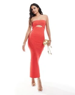 Bershka Rib Knit Cut Out Front Maxi Dress In Red For Women -Chic Maze Sales 206841618 4
