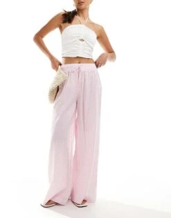 Bershka Tie Waist Seersucker Wide Leg Trousers In Pink & White Stripe For Women -Chic Maze Sales 206841650 1 white 1