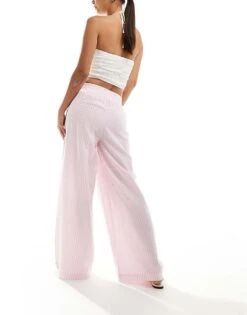 Bershka Tie Waist Seersucker Wide Leg Trousers In Pink & White Stripe For Women -Chic Maze Sales 206841650 3
