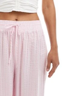 Bershka Tie Waist Seersucker Wide Leg Trousers In Pink & White Stripe For Women -Chic Maze Sales 206841650 4