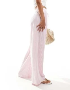 Bershka Tie Waist Seersucker Wide Leg Trousers In Pink & White Stripe For Women -Chic Maze Sales 206841650 5