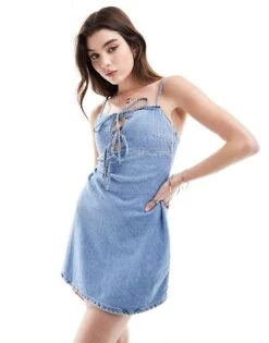 Bershka Tie Front Denim Mini Dress In Blue Wash For Women -Chic Maze Sales 206841667 1 blue 1