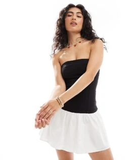 Bershka Drop Waist Mini Dress In Black & White For Women