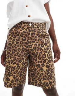 Bershka Baggy Longline Shorts In Leopard Print For Women Multi