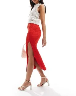 Bershka Textured Midi Skirt In Red For Women -Chic Maze Sales 206841780 1 red 1