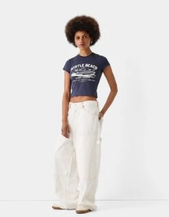 Bershka 'Myrtle Beach' Graphic Baby Tee In Navy For Women Blue -Chic Maze Sales 206841796 3