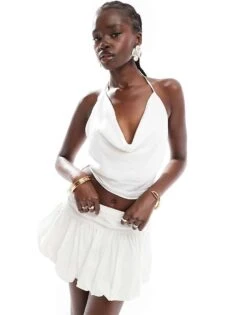 Bershka Floral Jacquard Tie Back Satin Look Top In Ecru For Women -Chic Maze Sales 206841814 1 ecru 1