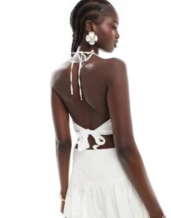 Bershka Floral Jacquard Tie Back Satin Look Top In Ecru For Women -Chic Maze Sales 206841814 2