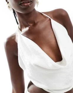 Bershka Floral Jacquard Tie Back Satin Look Top In Ecru For Women -Chic Maze Sales 206841814 4