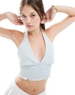 Bershka Shirred Tie Sleeve Top In Washed Blue For Women -Chic Maze Sales 206841878 1 blue 1