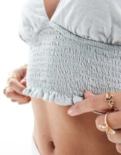 Bershka Shirred Tie Sleeve Top In Washed Blue For Women -Chic Maze Sales 206841878 3