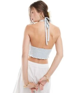 Bershka Shirred Tie Sleeve Top In Washed Blue For Women -Chic Maze Sales 206841878 4