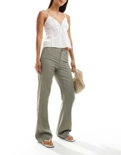 Bershka Linen Tailored Flared Trousers In Taupe For Women Ecru -Chic Maze Sales 206841898 1 ecru 1