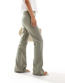 Bershka Linen Tailored Flared Trousers In Taupe For Women Ecru -Chic Maze Sales 206841898 5