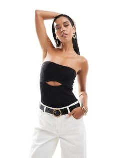 Bershka Rib Knit Cut Out Front Bodysuit In Black For Women -Chic Maze Sales 206841971 1 black 1