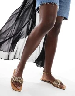 Bershka Woven Flat Sandals In Gold For Women